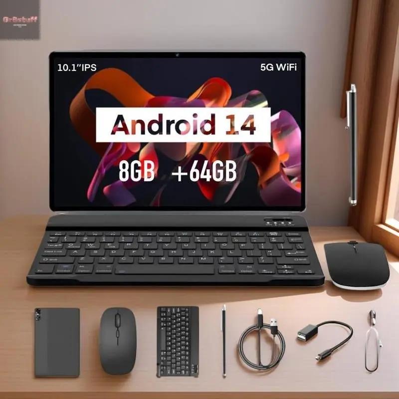 10.1 Inch Android 14 Tablet with 8GB RAM and 64GB Storage, Includes Keyboard, Mouse and Stylus, Dual Cameras for Versatile Use.