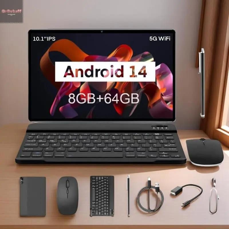 10.1 Inch Android 14 Tablet with 8GB RAM and 64GB Storage, Includes Keyboard, Mouse and Stylus, Dual Cameras for Versatile Use.