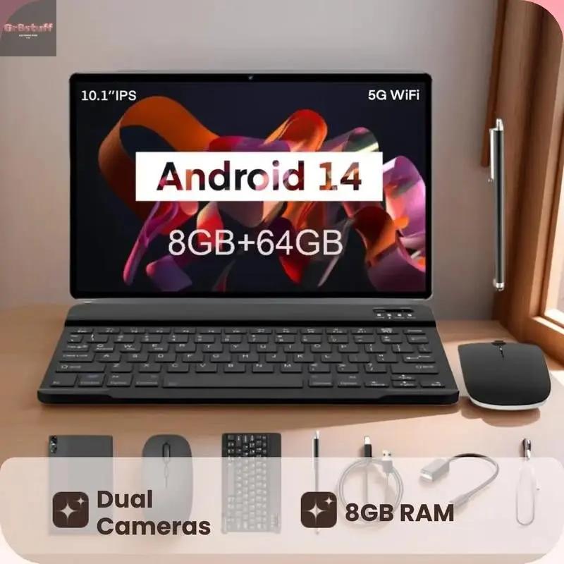 10.1 Inch Android 14 Tablet with 8GB RAM and 64GB Storage, Includes Keyboard, Mouse and Stylus, Dual Cameras for Versatile Use.