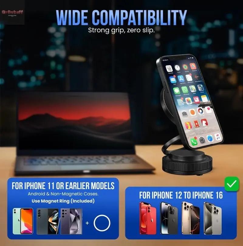 2025 Upgraded Magnetic Car Phone Mount - 360° Adjustable Suction Cup Holder | Magsafe Compatible for Iphone 16–12 & Android with Non-Adhesive Vacuum Suction Cup and Metal Ring for Non-Magnetic Devices.