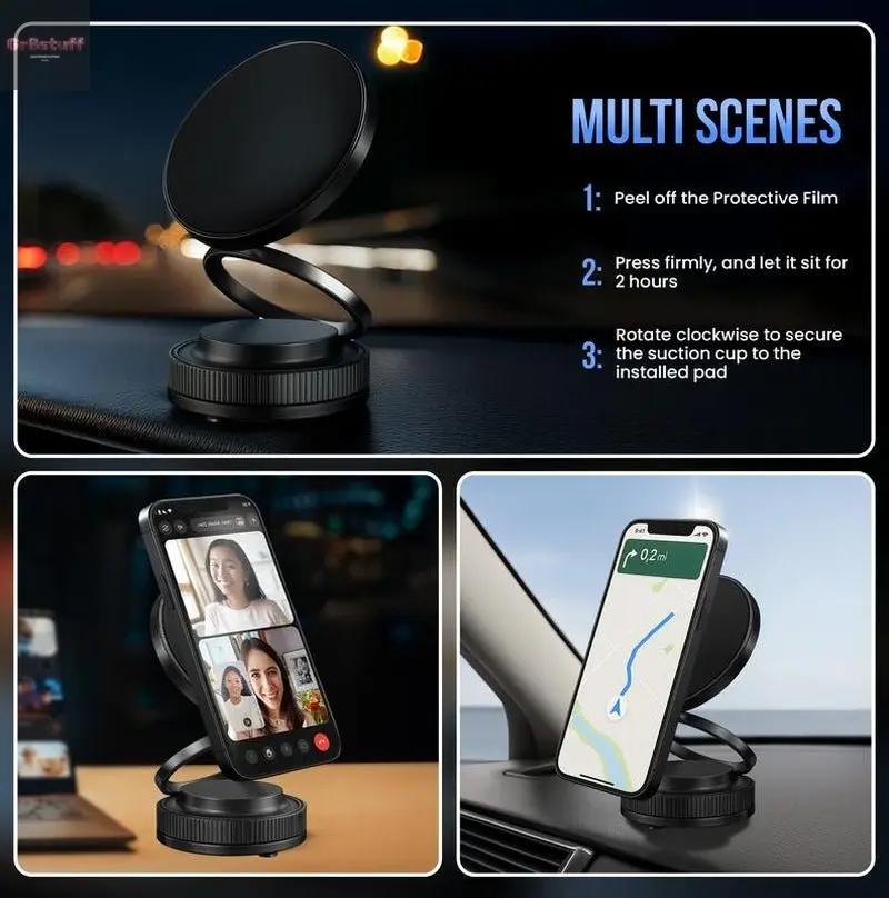 2025 Upgraded Magnetic Car Phone Mount - 360° Adjustable Suction Cup Holder | Magsafe Compatible for Iphone 16–12 & Android with Non-Adhesive Vacuum Suction Cup and Metal Ring for Non-Magnetic Devices.