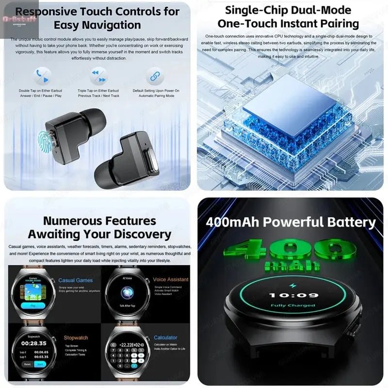 2025 New Man Smart Watch TWS Headset Two In One Wireless Bluetooth Dual Earbuds Call Health Monitor Sport Tracker NFC Smartwatch - Gr8stuff
