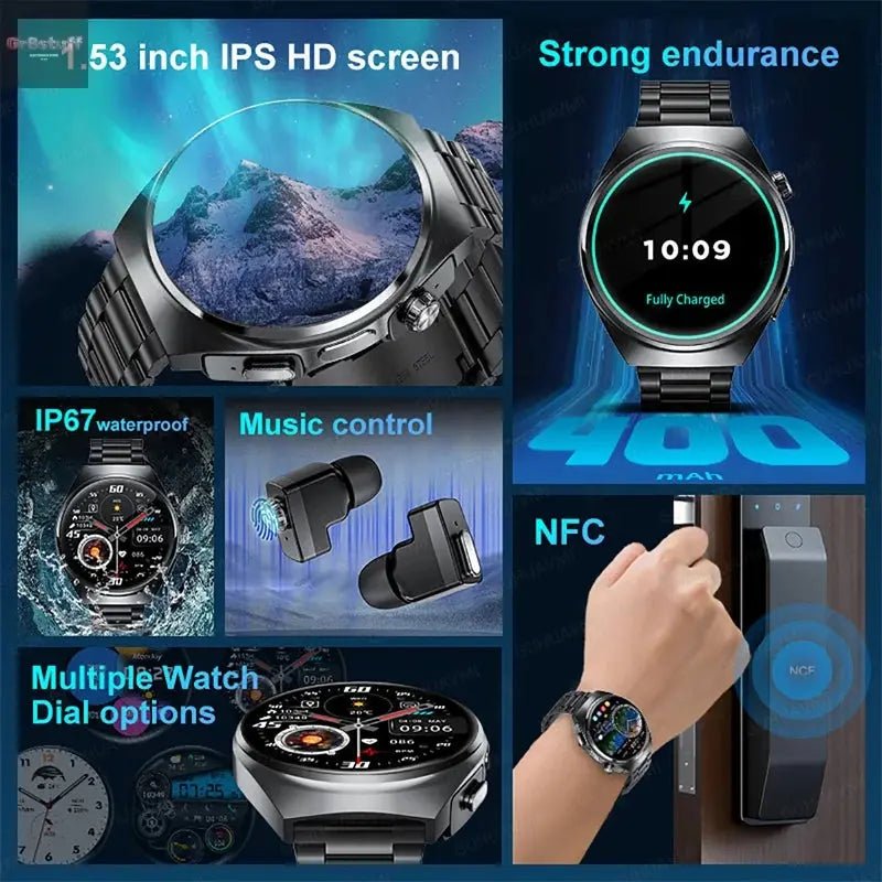 2025 New Man Smart Watch TWS Headset Two In One Wireless Bluetooth Dual Earbuds Call Health Monitor Sport Tracker NFC Smartwatch - Gr8stuff