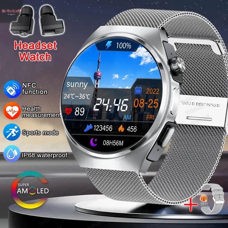 2025 New Man Smart Watch TWS Headset Two In One Wireless Bluetooth Dual Earbuds Call Health Monitor Sport Tracker NFC Smartwatch - Gr8stuff