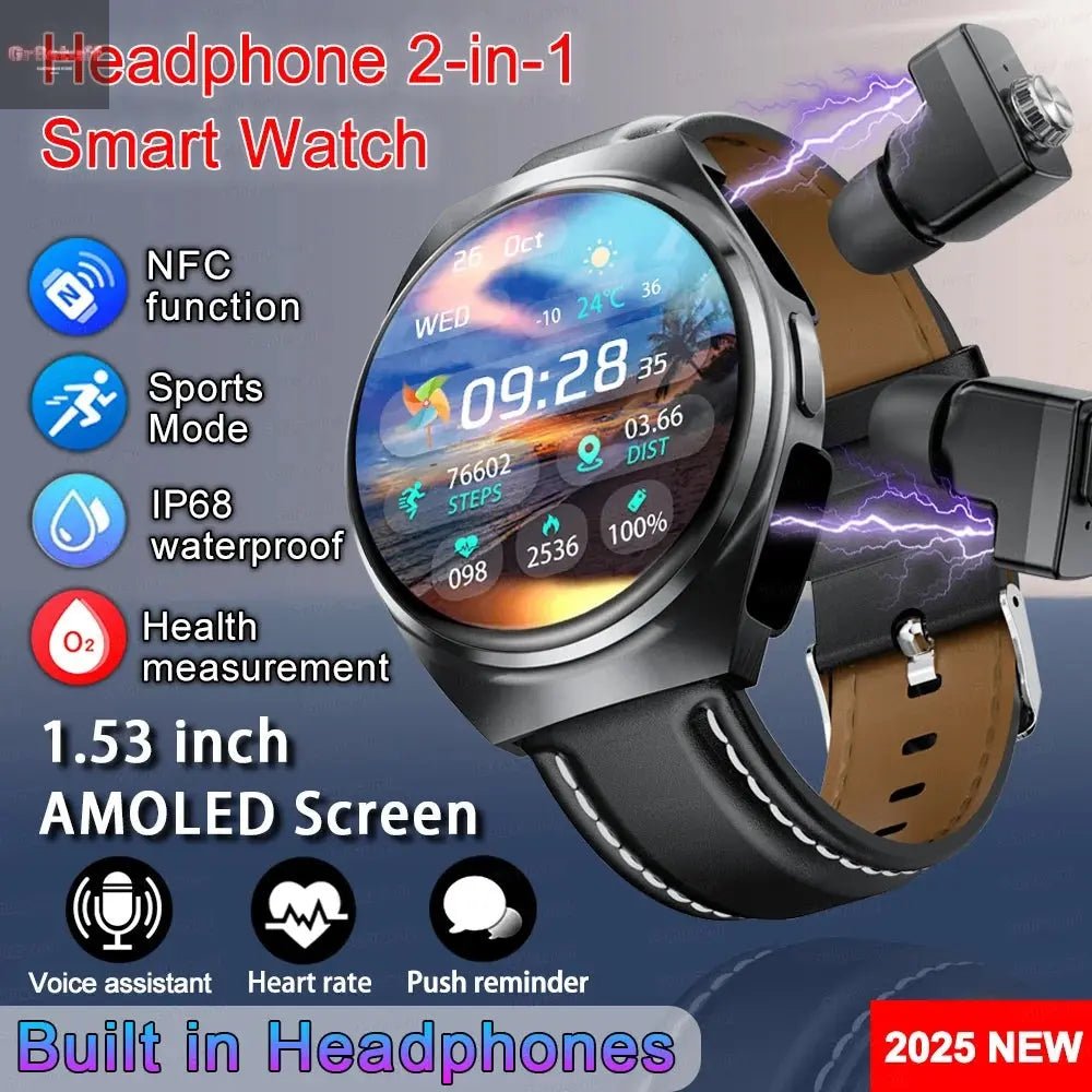 2025 New Man Smart Watch TWS Headset Two In One Wireless Bluetooth Dual Earbuds Call Health Monitor Sport Tracker NFC Smartwatch - Gr8stuff