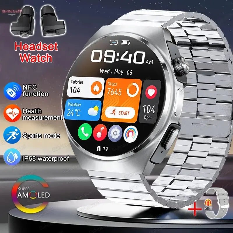 2025 New Man Smart Watch TWS Headset Two In One Wireless Bluetooth Dual Earbuds Call Health Monitor Sport Tracker NFC Smartwatch - Gr8stuff