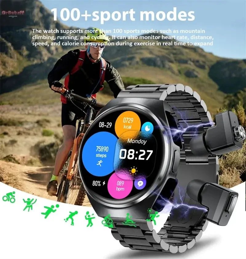 2025 New Man Smart Watch TWS Headset Two In One Wireless Bluetooth Dual Earbuds Call Health Monitor Sport Tracker NFC Smartwatch - Gr8stuff