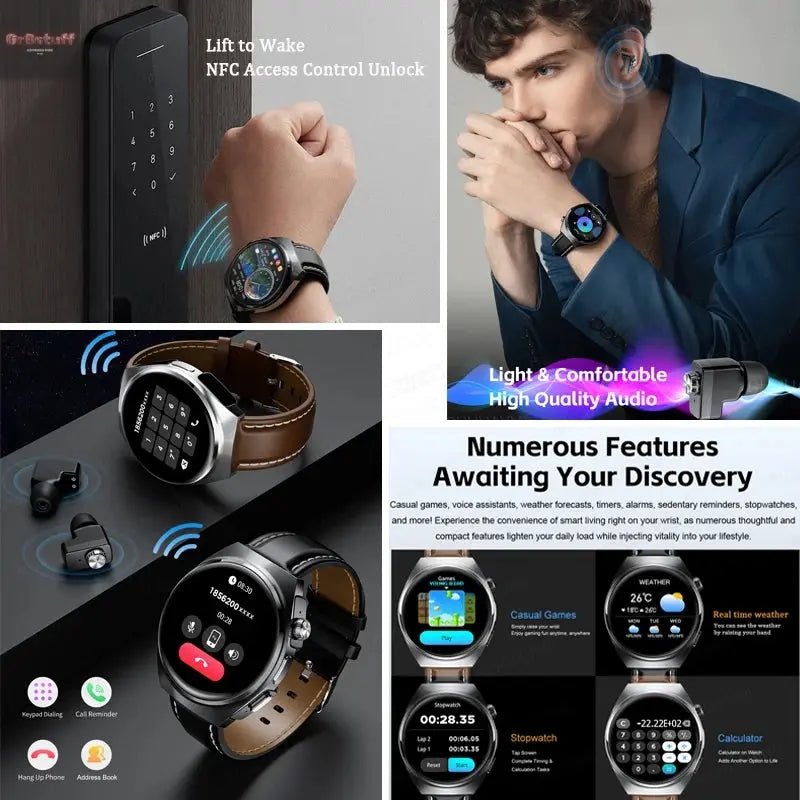 2025 New Man Smart Watch TWS Headset Two In One Wireless Bluetooth Dual Earbuds Call Health Monitor Sport Tracker NFC Smartwatch - Gr8stuff