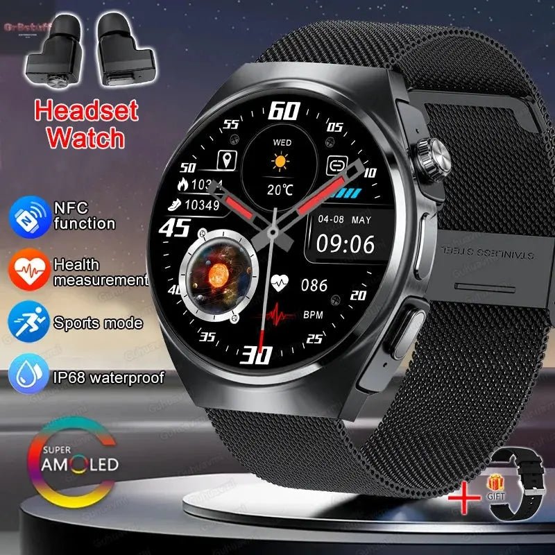 2025 New Man Smart Watch TWS Headset Two In One Wireless Bluetooth Dual Earbuds Call Health Monitor Sport Tracker NFC Smartwatch - Gr8stuff