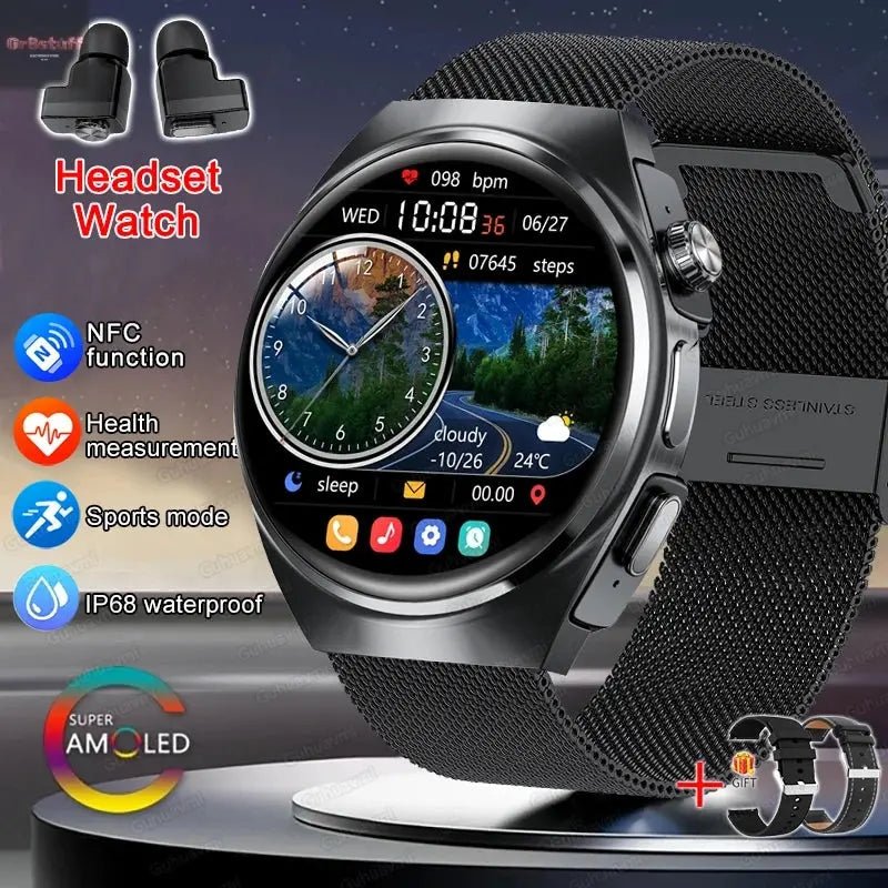 2025 New Man Smart Watch TWS Headset Two In One Wireless Bluetooth Dual Earbuds Call Health Monitor Sport Tracker NFC Smartwatch - Gr8stuff