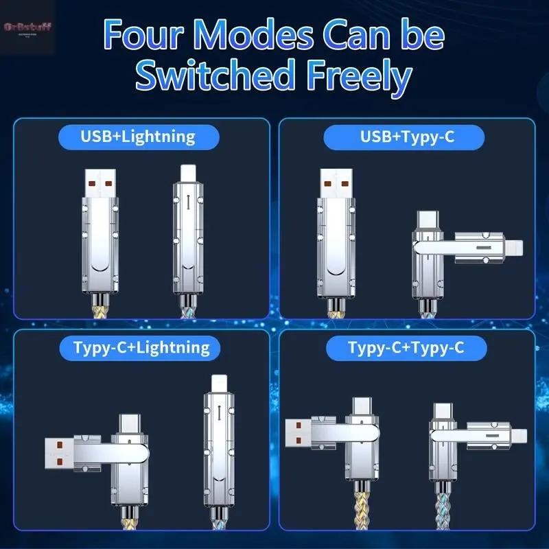 4-In-1 Colorful LED USB-C Charging Cable, 60W Fast Charge & Data Transfer, Usb/Type-C/Lightning Compatible with Iphone 16/15, Ipad, Samsung & More.