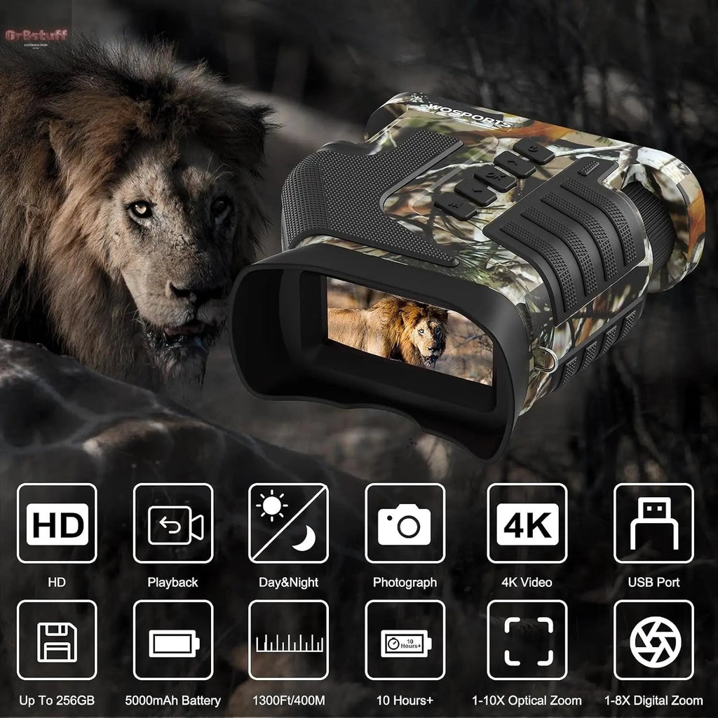 4K Night Vision Goggles– 10X Optical & 8X Digital Zoom, 1315FT Infrared Range, Rechargeable 5000Mah Battery, IPX Waterproof, Ideal for Camping.