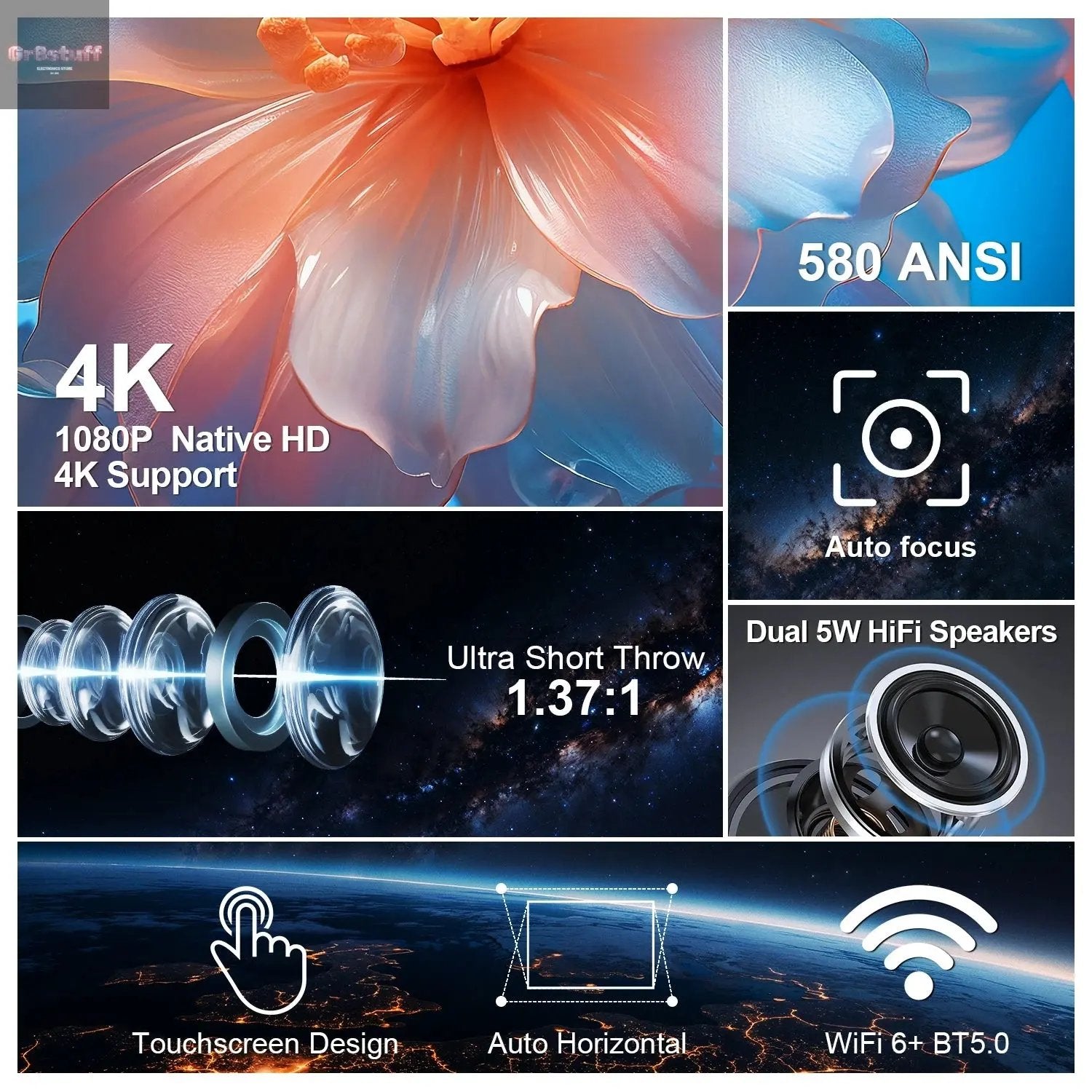 Auto Focus Smart Projector Android11 4K 580ANSI Full Wifi6 BT5.0 Allwinner H713 Voice Control Home Cinema Theater HY350.