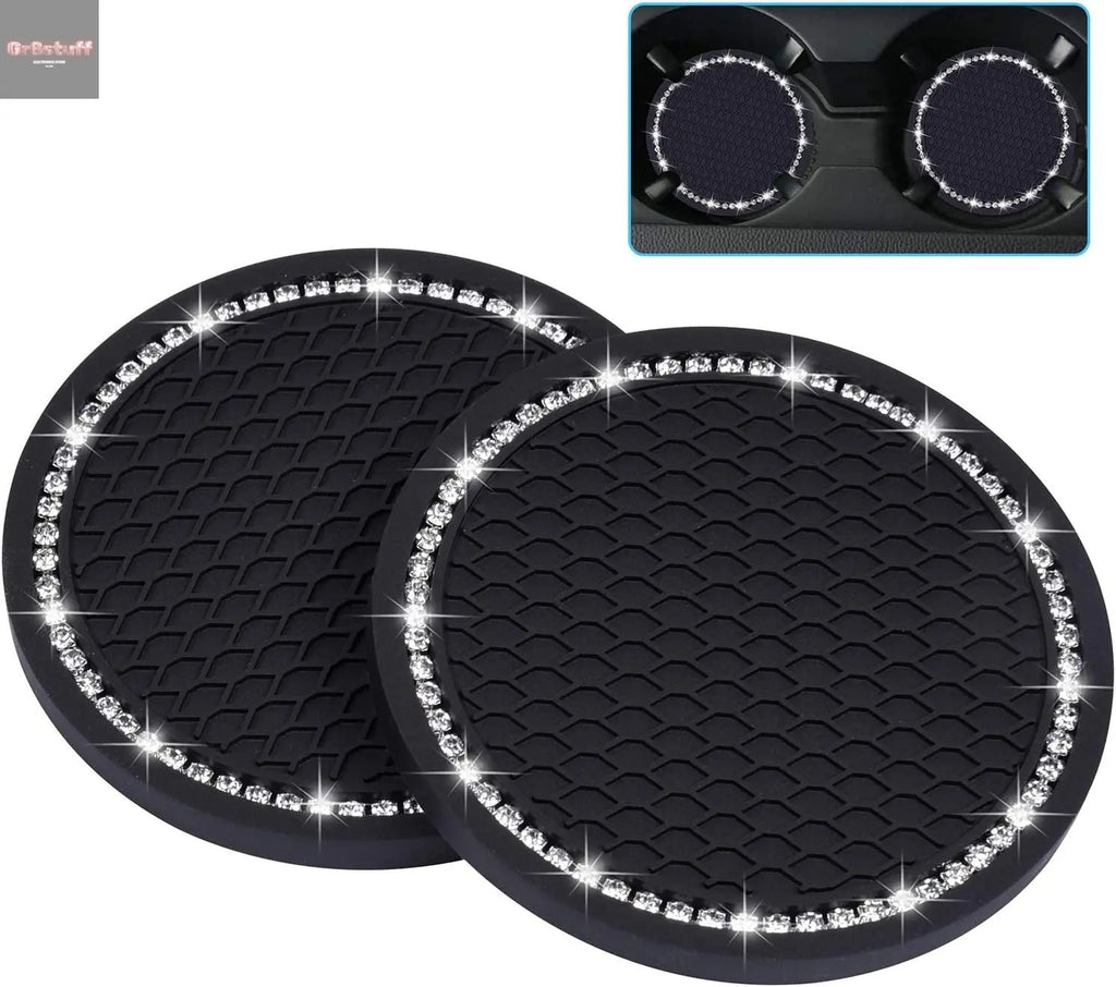 Bling Car Coasters, 2 Pack PVC Car Cup Holder Insert Coaster - anti Slip Universal Vehicle Interior Accessories Crystal Glitter Cup Mats for Women and Men(2.75" Diameter, Black).