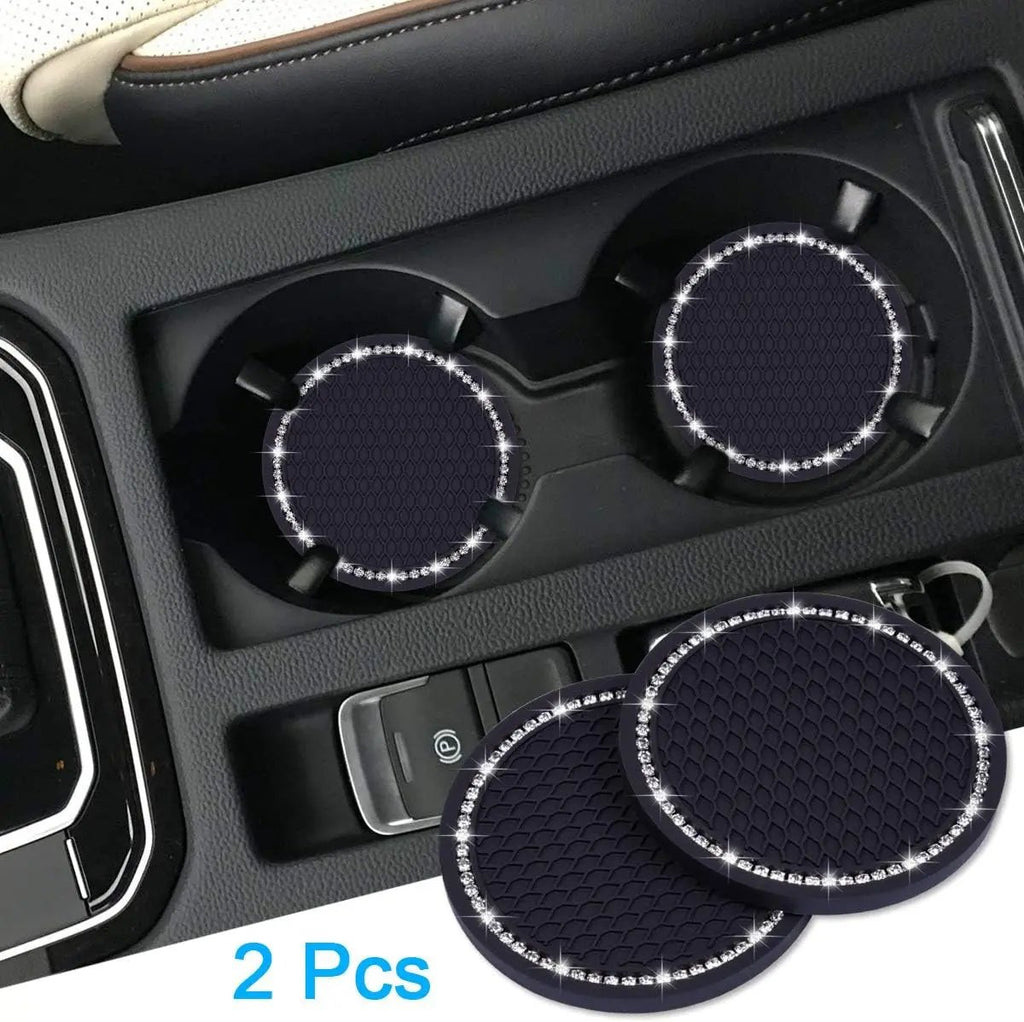 Bling Car Coasters, 2 Pack PVC Car Cup Holder Insert Coaster - anti Slip Universal Vehicle Interior Accessories Crystal Glitter Cup Mats for Women and Men(2.75" Diameter, Black).