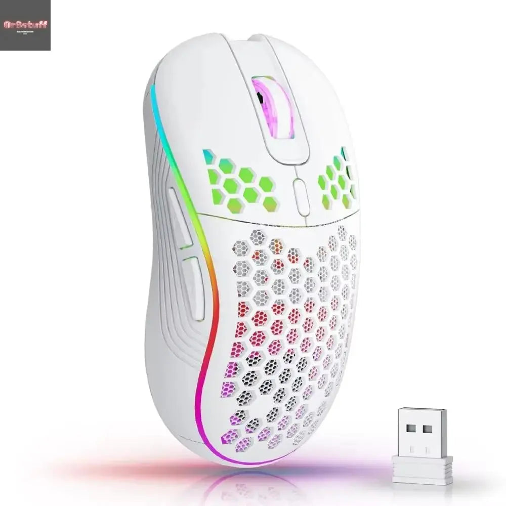 2.4G Wireless Mouse with RGB Backlit 6-Button 3-Speed DPI Type C Rechargeable Ergonomic Honeycomb Design Gaming Mouse.