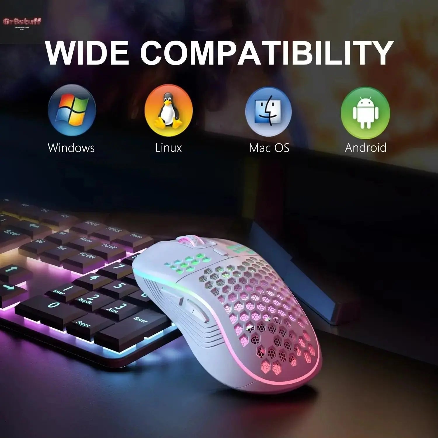 2.4G Wireless Mouse with RGB Backlit 6-Button 3-Speed DPI Type C Rechargeable Ergonomic Honeycomb Design Gaming Mouse.