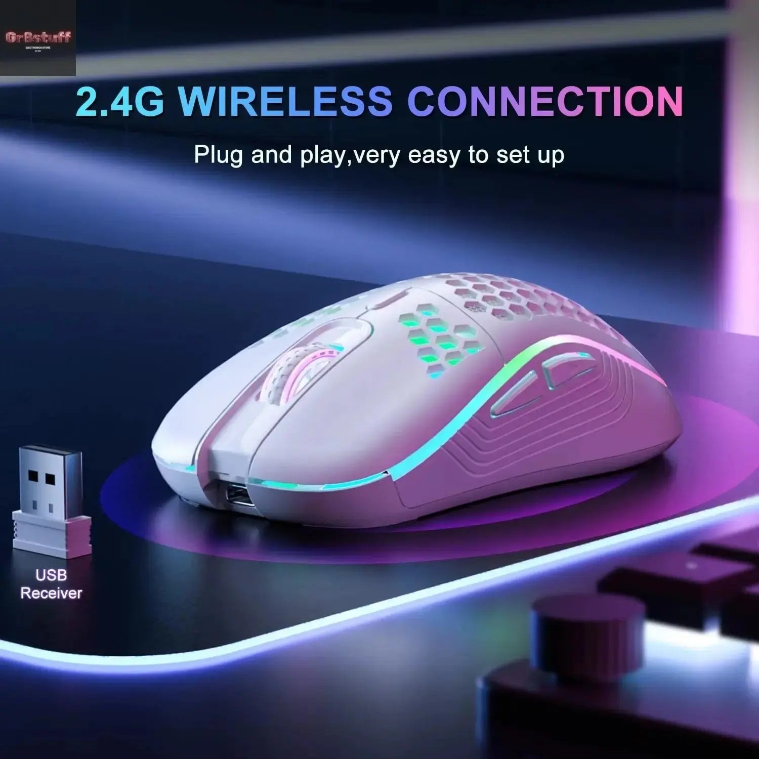 2.4G Wireless Mouse with RGB Backlit 6-Button 3-Speed DPI Type C Rechargeable Ergonomic Honeycomb Design Gaming Mouse.