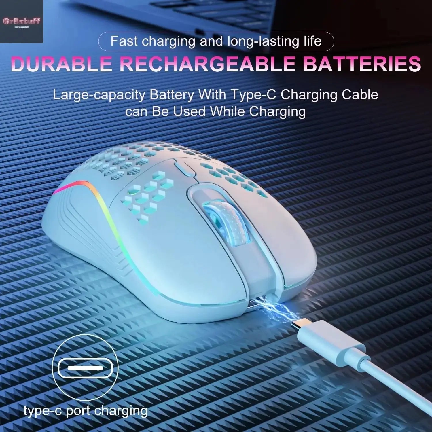 2.4G Wireless Mouse with RGB Backlit 6-Button 3-Speed DPI Type C Rechargeable Ergonomic Honeycomb Design Gaming Mouse.