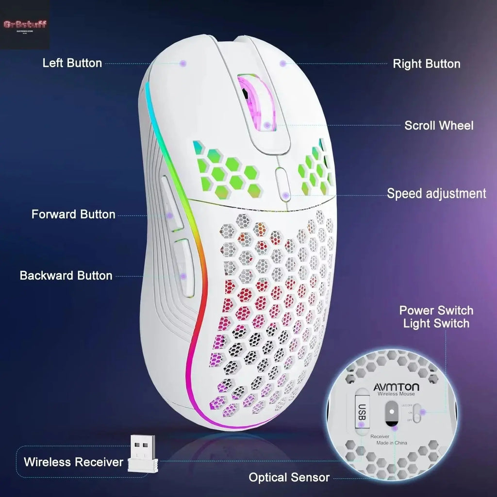 2.4G Wireless Mouse with RGB Backlit 6-Button 3-Speed DPI Type C Rechargeable Ergonomic Honeycomb Design Gaming Mouse.