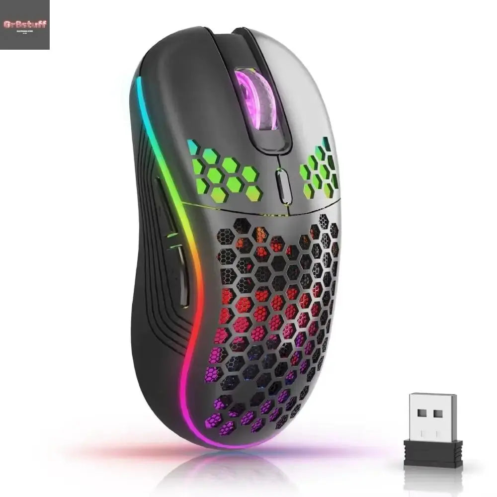 2.4G Wireless Mouse with RGB Backlit 6-Button 3-Speed DPI Type C Rechargeable Ergonomic Honeycomb Design Gaming Mouse.