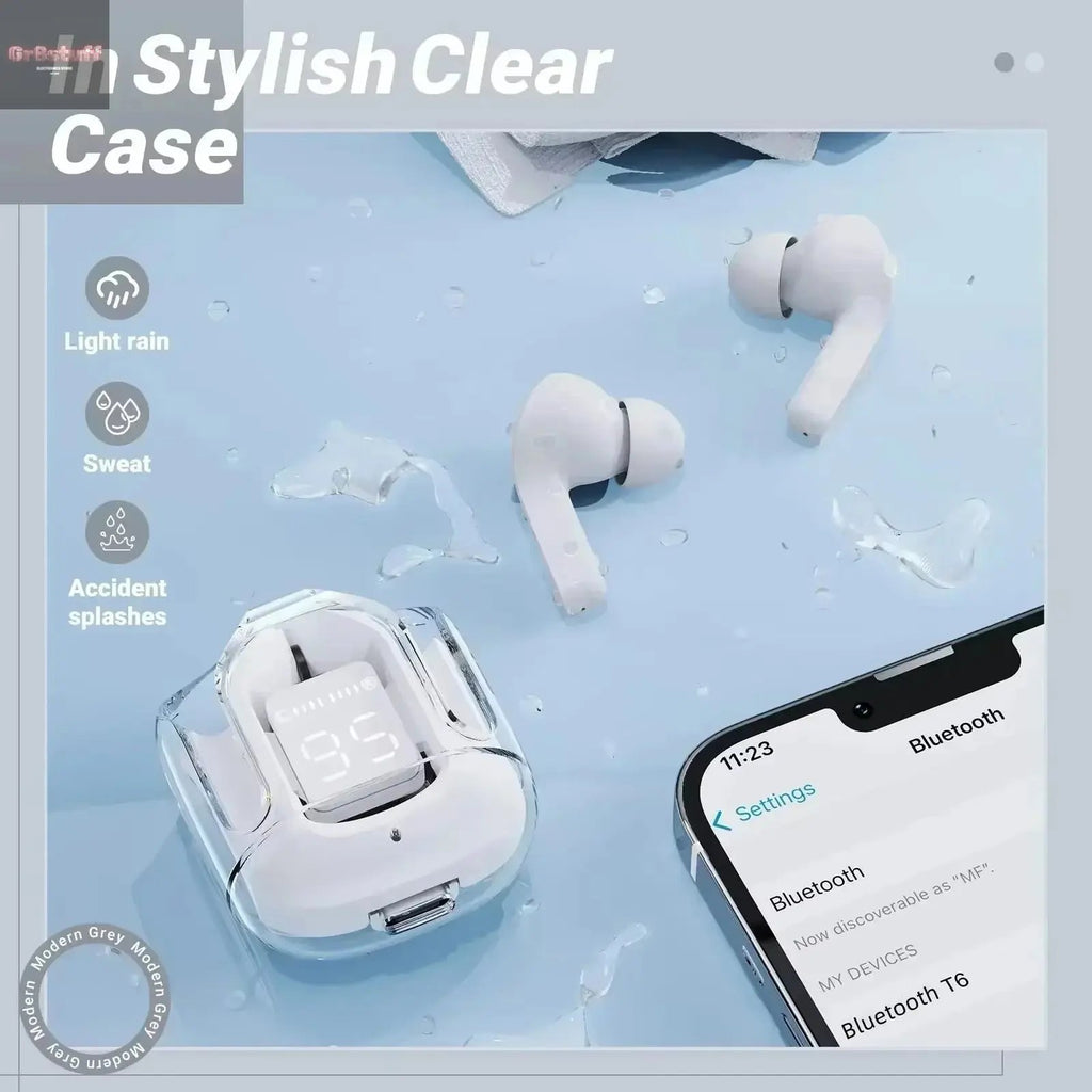 CrystalBeats BT30: Transparent TWS Bluetooth 5.3 Earbuds with Digital Display & Noise Canceling.