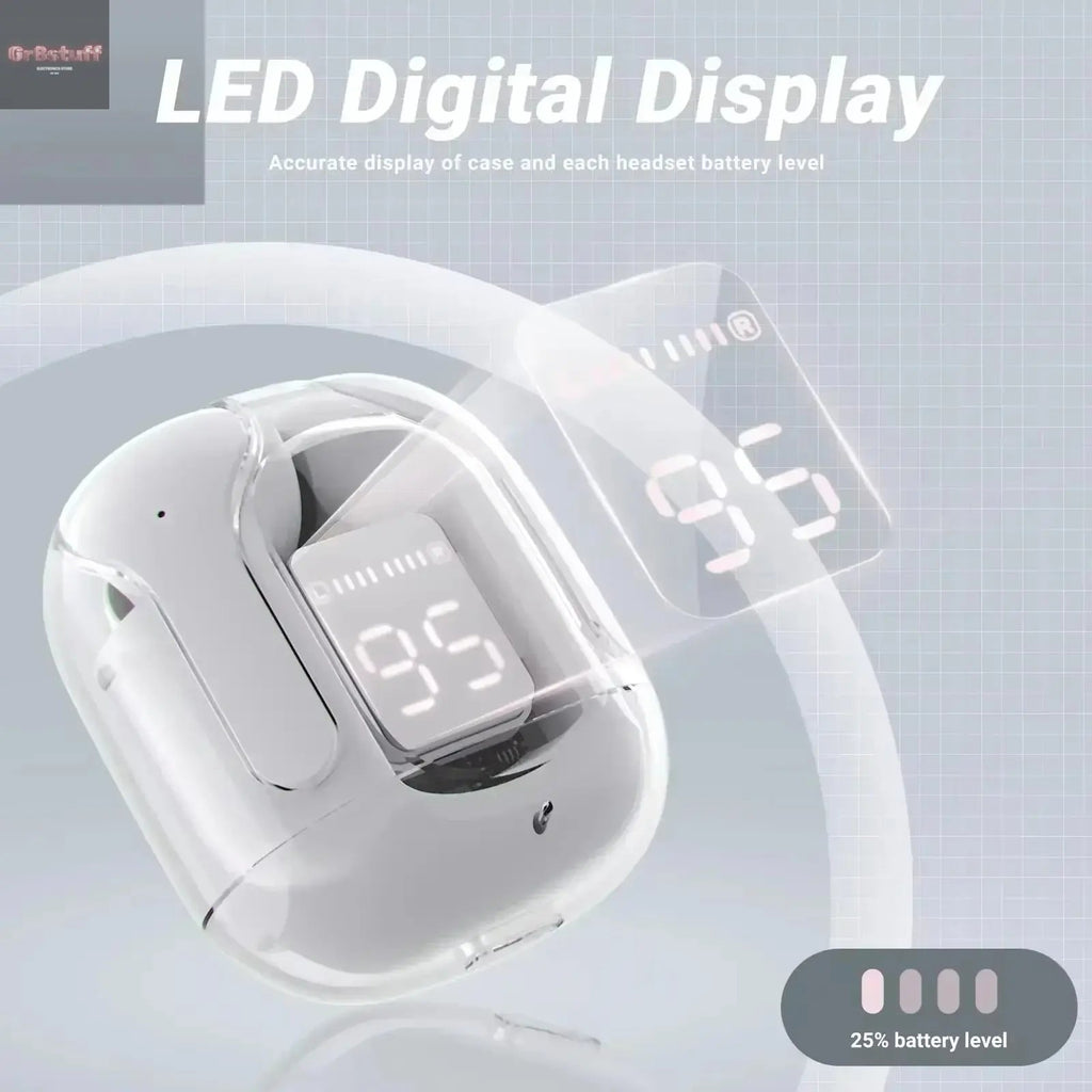 CrystalBeats BT30: Transparent TWS Bluetooth 5.3 Earbuds with Digital Display & Noise Canceling.