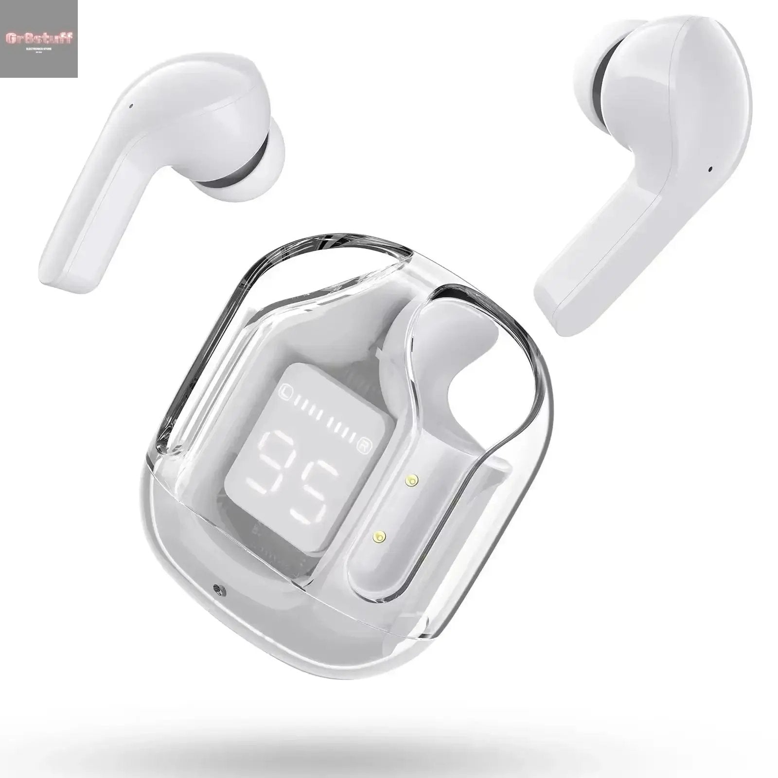 CrystalBeats BT30: Transparent TWS Bluetooth 5.3 Earbuds with Digital Display & Noise Canceling.