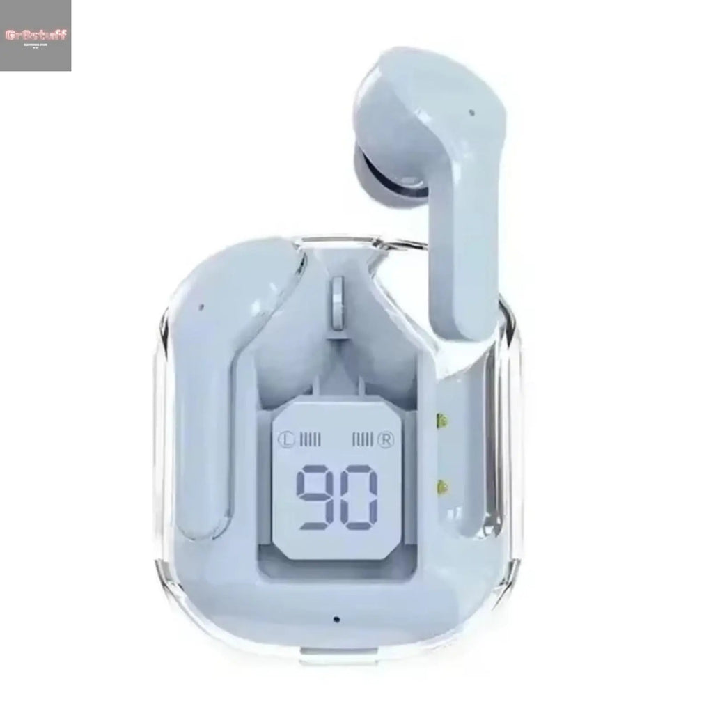 CrystalBeats BT30: Transparent TWS Bluetooth 5.3 Earbuds with Digital Display & Noise Canceling.