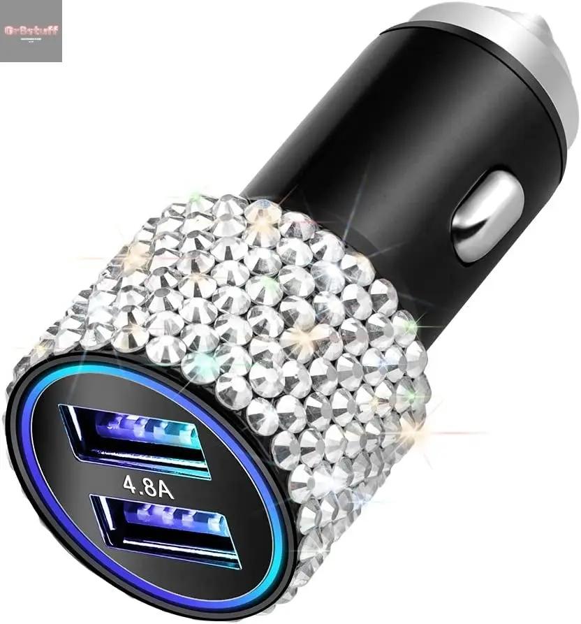 Dual USB Car Charger, 4.8A Output, Bling Crystal Diamond Car Decorations Accessories Fast Charging Adapter for Iphones Android Ios, Samsung Galaxy, LG, Nexus, HTC (Silver).