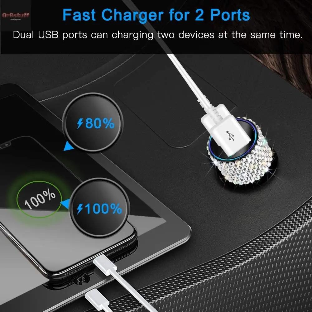 Dual USB Car Charger, 4.8A Output, Bling Crystal Diamond Car Decorations Accessories Fast Charging Adapter for Iphones Android Ios, Samsung Galaxy, LG, Nexus, HTC (Silver).