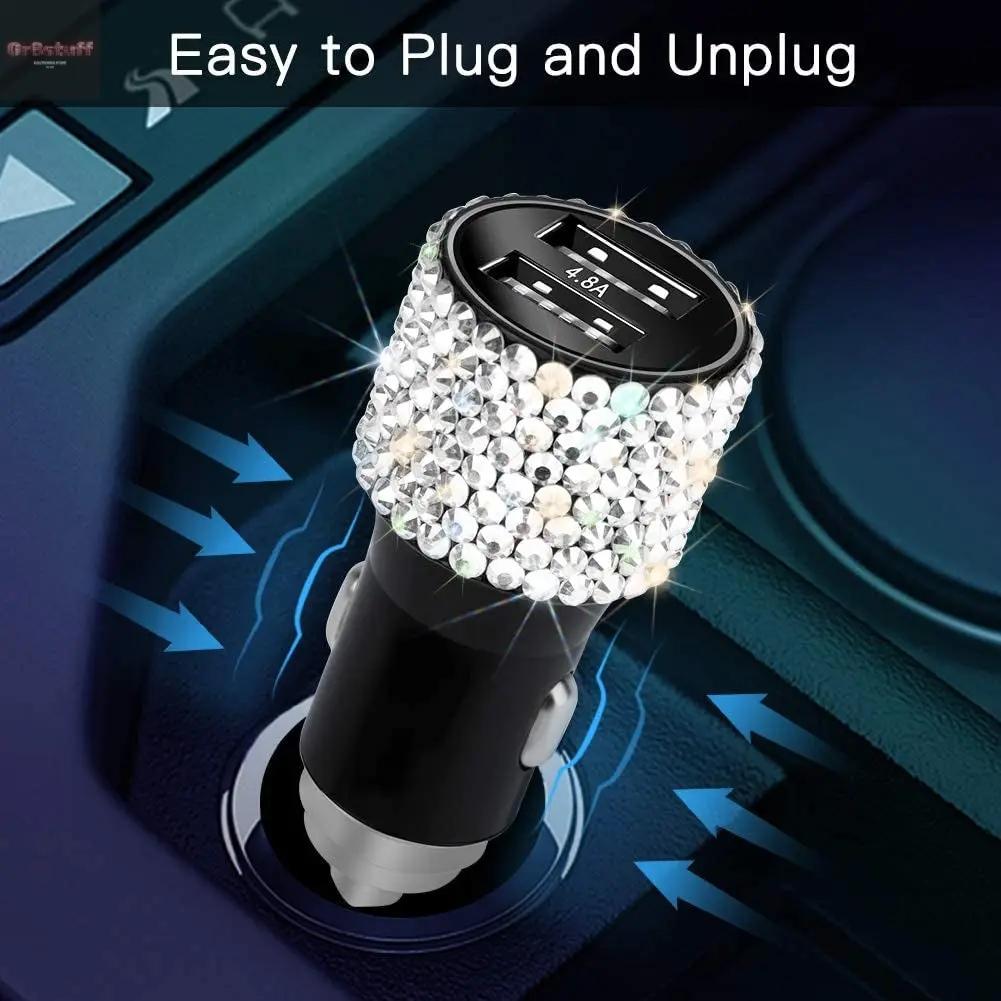 Dual USB Car Charger, 4.8A Output, Bling Crystal Diamond Car Decorations Accessories Fast Charging Adapter for Iphones Android Ios, Samsung Galaxy, LG, Nexus, HTC (Silver).
