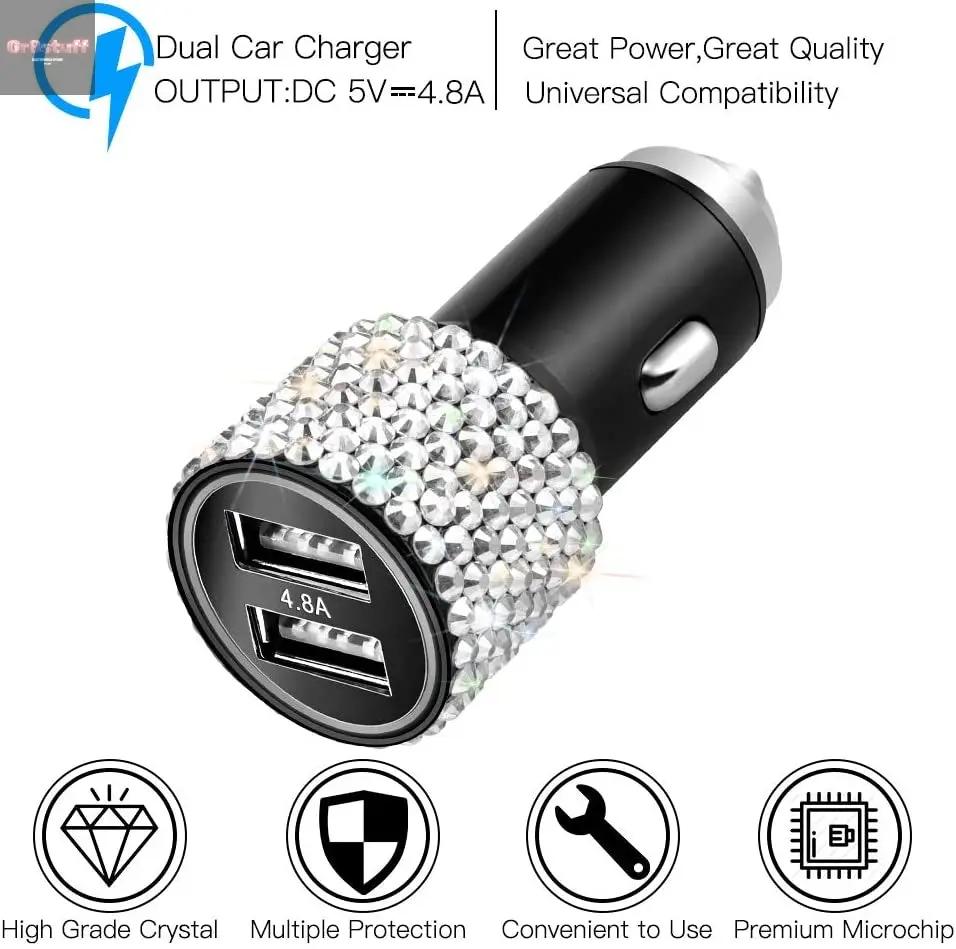 Dual USB Car Charger, 4.8A Output, Bling Crystal Diamond Car Decorations Accessories Fast Charging Adapter for Iphones Android Ios, Samsung Galaxy, LG, Nexus, HTC (Silver).