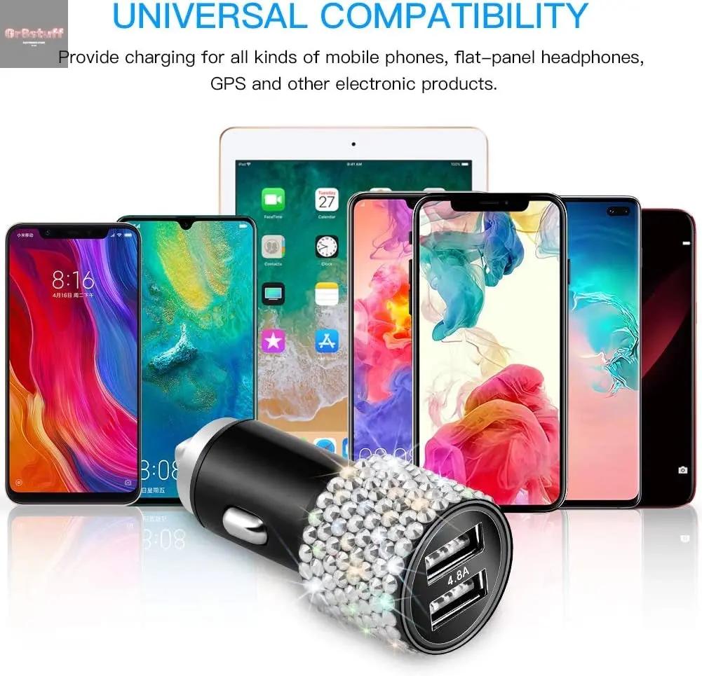 Dual USB Car Charger, 4.8A Output, Bling Crystal Diamond Car Decorations Accessories Fast Charging Adapter for Iphones Android Ios, Samsung Galaxy, LG, Nexus, HTC (Silver).