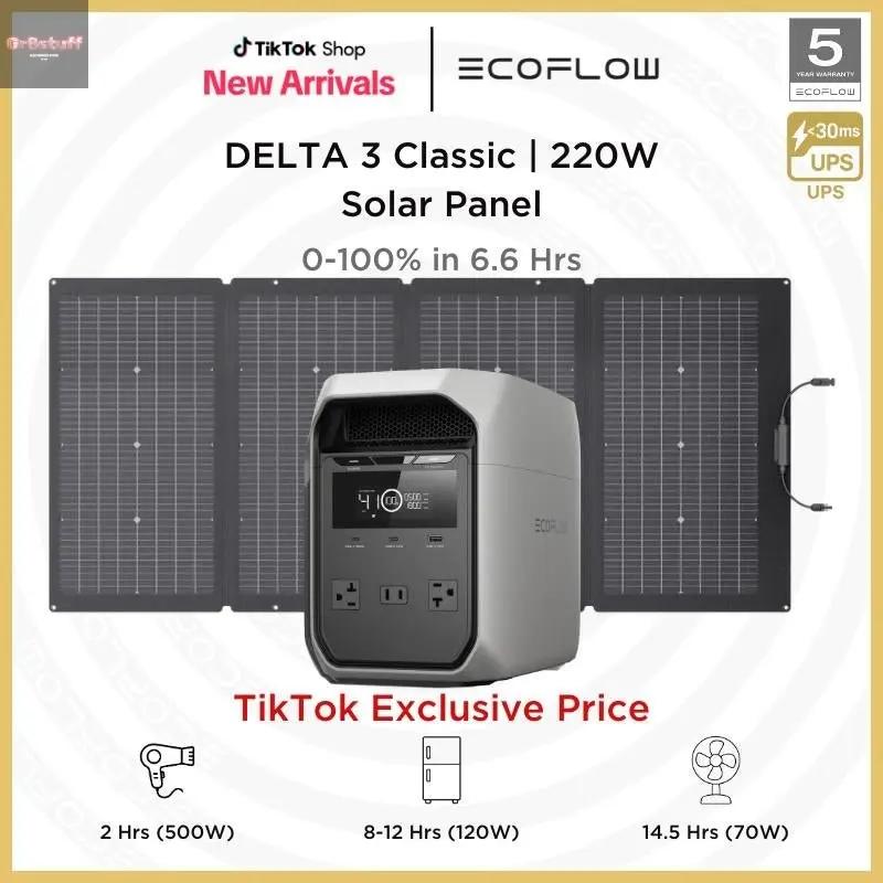 ECOFLOW DELTA 3 Classic Portable Power Station with 220W Solar Panel, Solar Charging, Lifepo4 Battery, 1800W AC/100W USB-C Output.