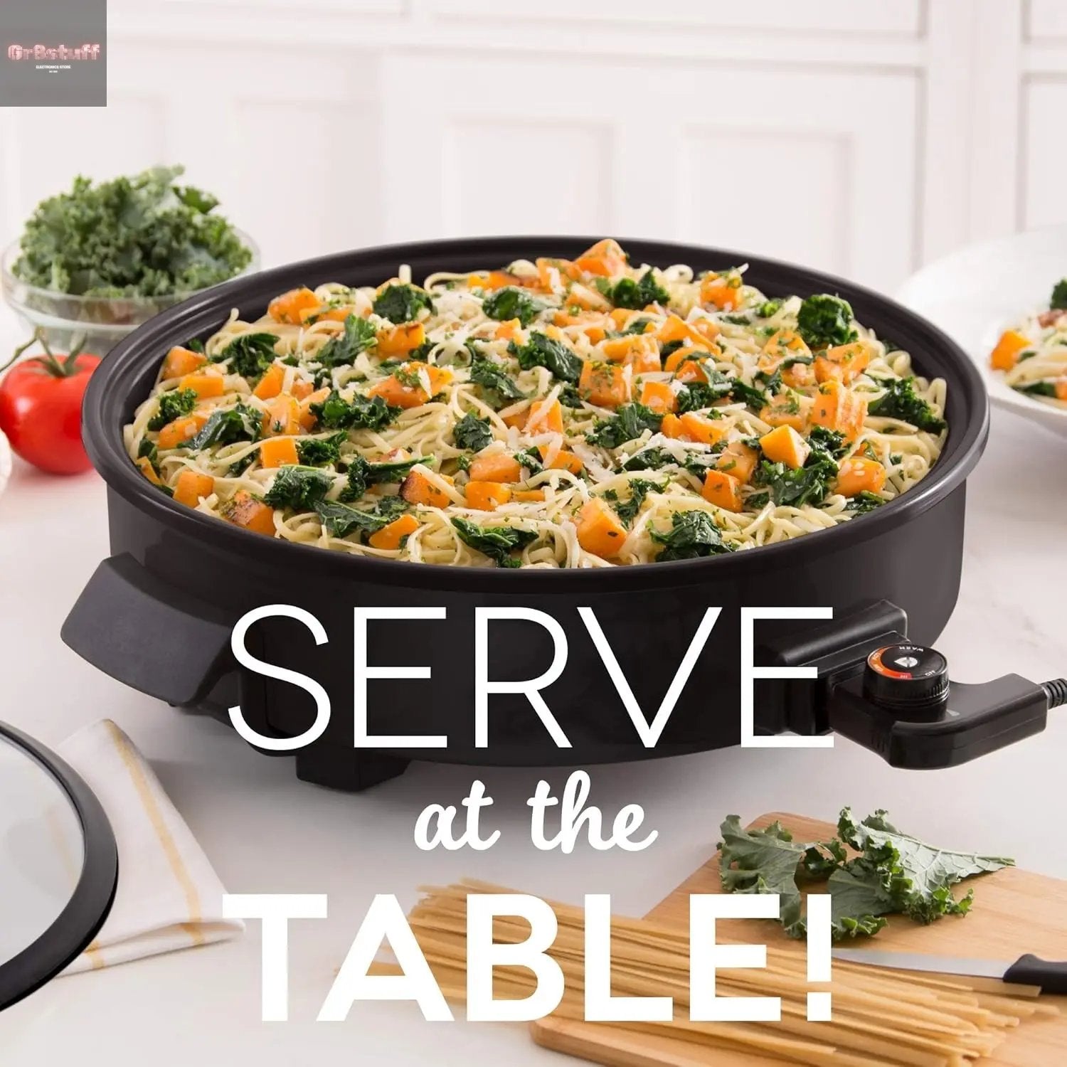 Family Size Electric Skillet with 14 Inch Nonstick Surface + Recipe Book for Pizza, Burgers, Cookies, Fajitas, Breakfast & More, 20 Cup Capacity, 1400-Watt - Black.