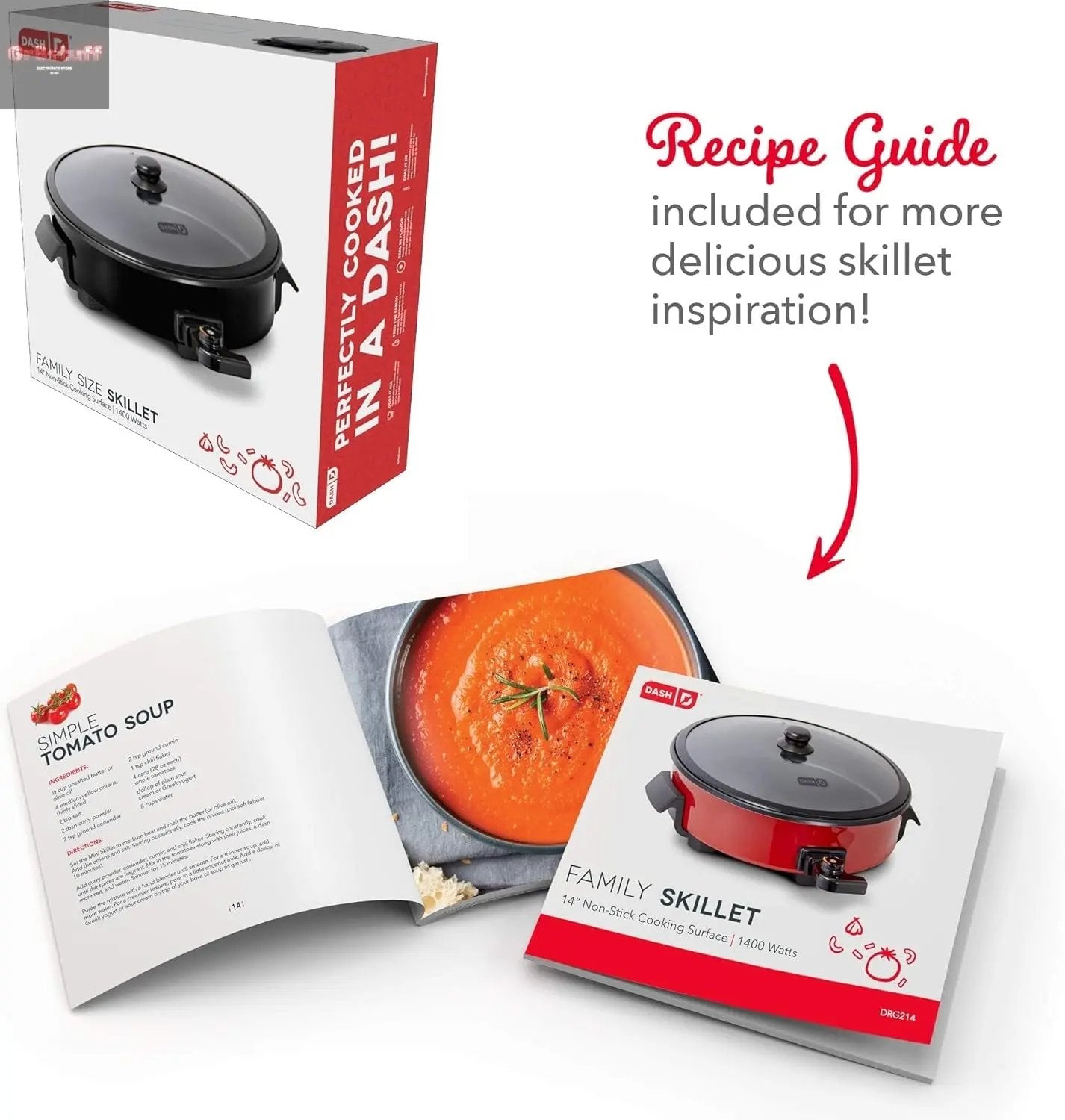 Family Size Electric Skillet with 14 Inch Nonstick Surface + Recipe Book for Pizza, Burgers, Cookies, Fajitas, Breakfast & More, 20 Cup Capacity, 1400-Watt - Black.