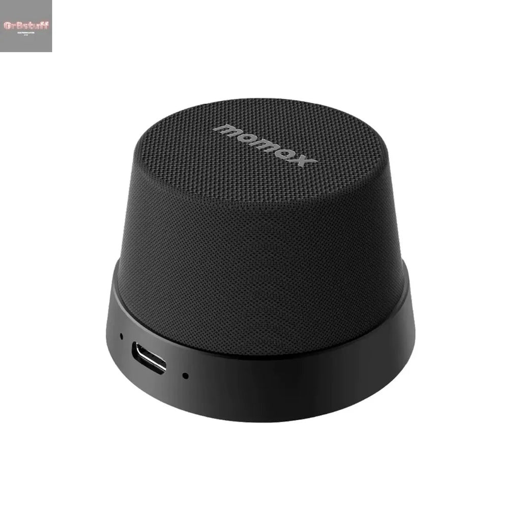 MOMAX 1-Vibe Go: Magnetic Wireless Speaker & Phone Stand with IPX6 Waterproof Protection.