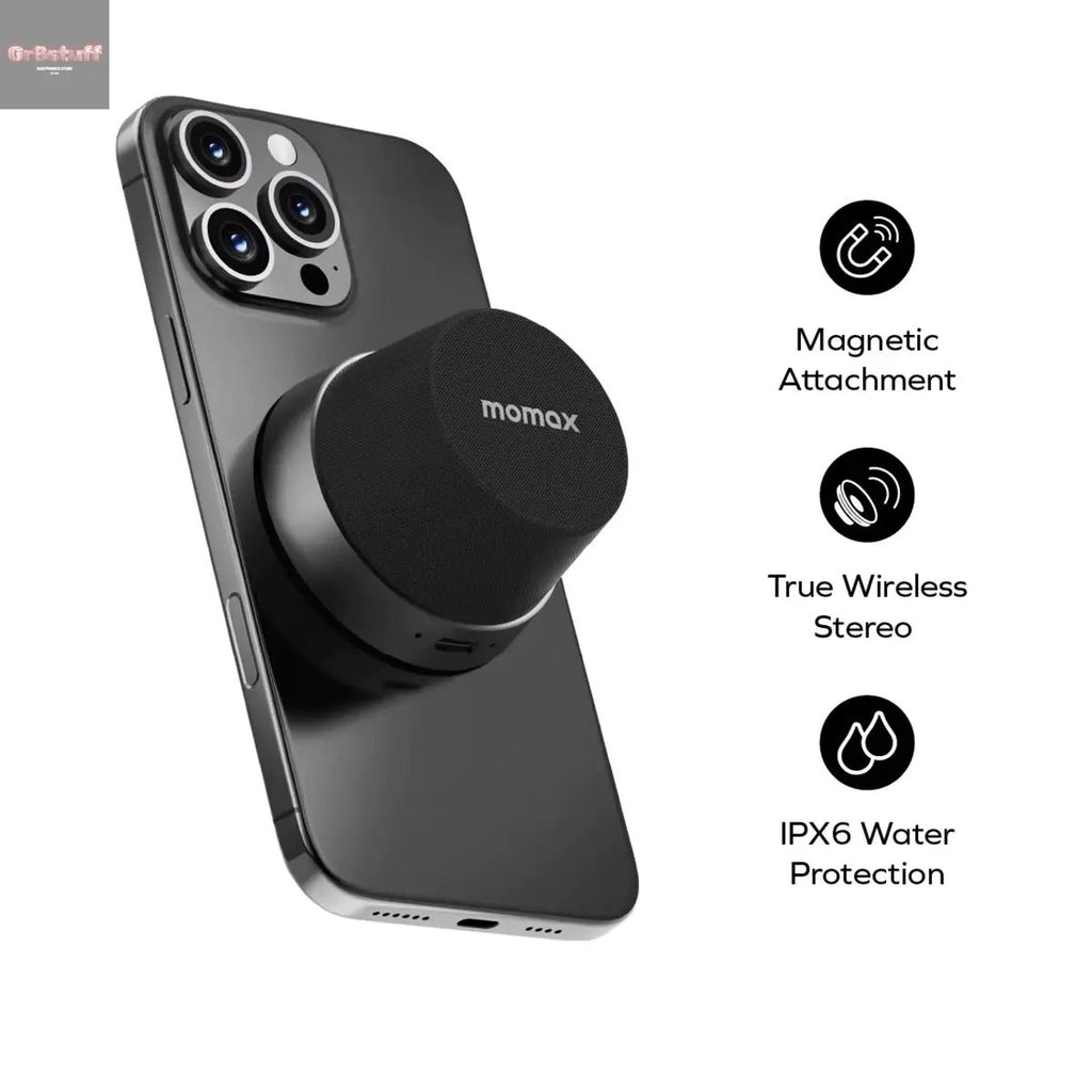 MOMAX 1-Vibe Go: Magnetic Wireless Speaker & Phone Stand with IPX6 Waterproof Protection.