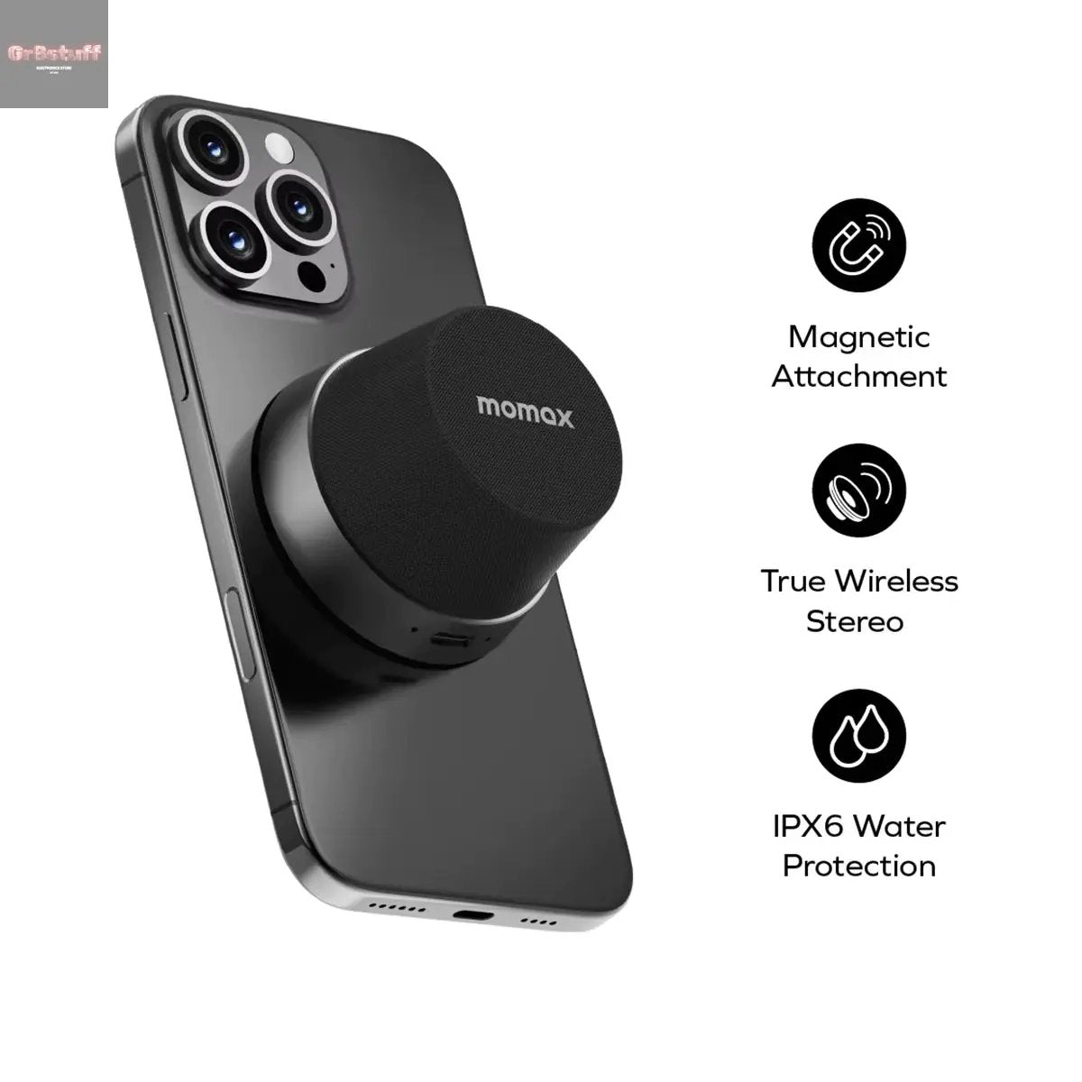 MOMAX 1-Vibe Go: Magnetic Wireless Speaker & Phone Stand with IPX6 Waterproof Protection.