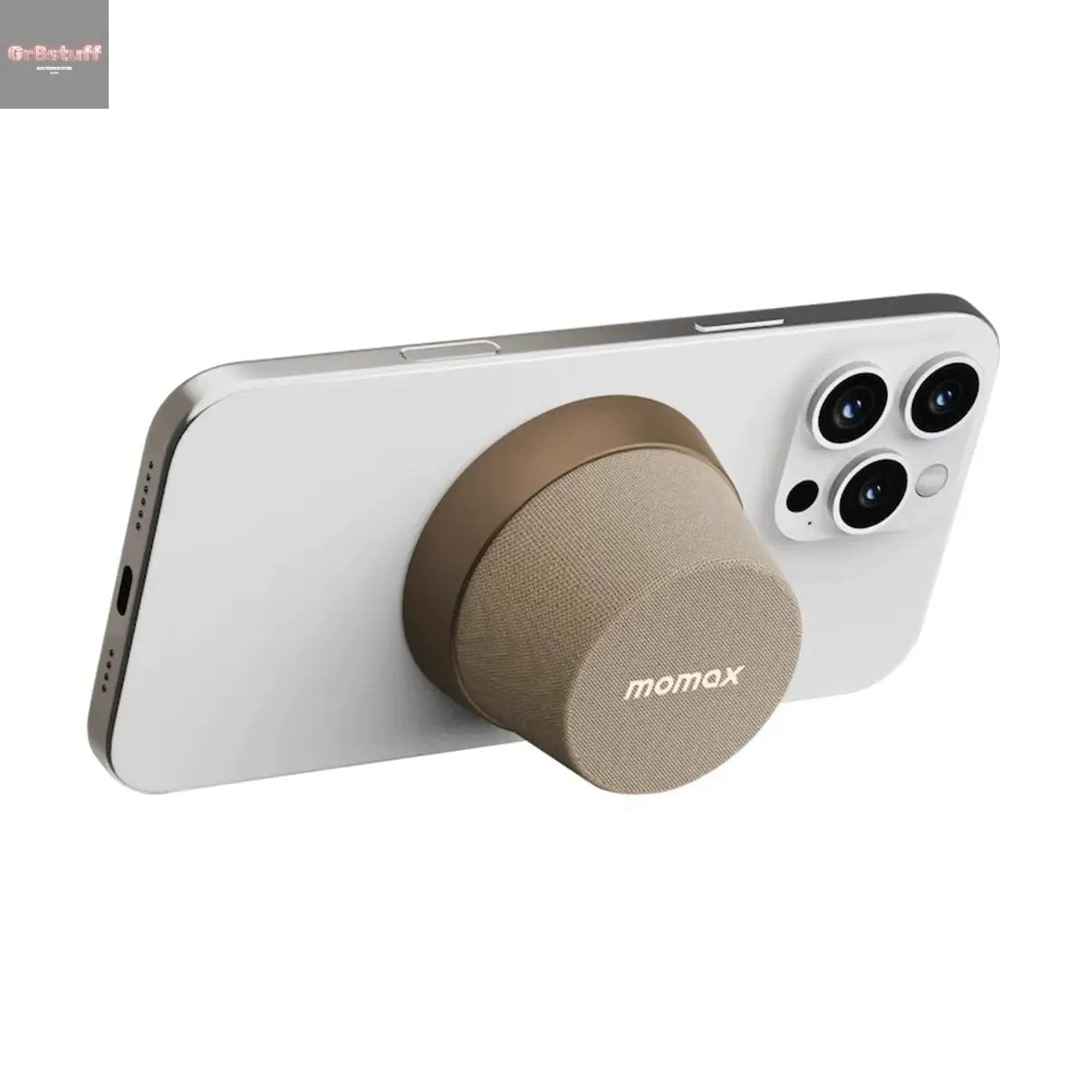 MOMAX 1-Vibe Go: Magnetic Wireless Speaker & Phone Stand with IPX6 Waterproof Protection.