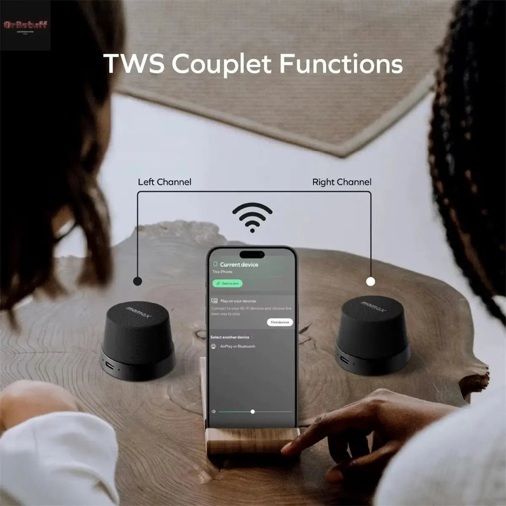 MOMAX 1-Vibe Go: Magnetic Wireless Speaker & Phone Stand with IPX6 Waterproof Protection.