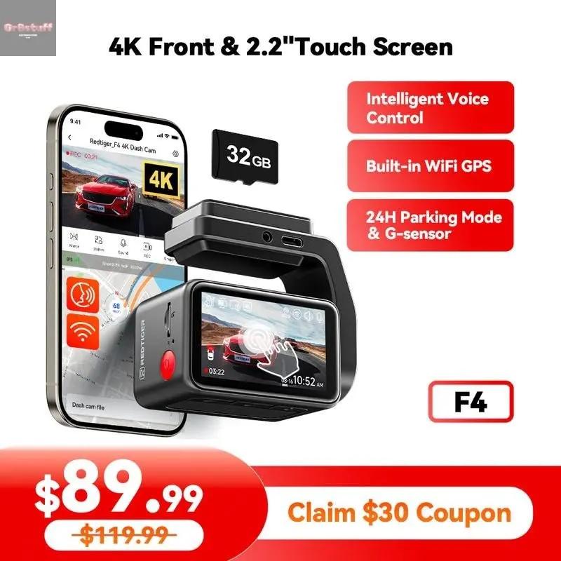 Redtiger F4 4K Voice Control Dash Cam Wifi&App Control GPS Super Night Vision Loop Recording Dashcam Car Camera Dashcam.