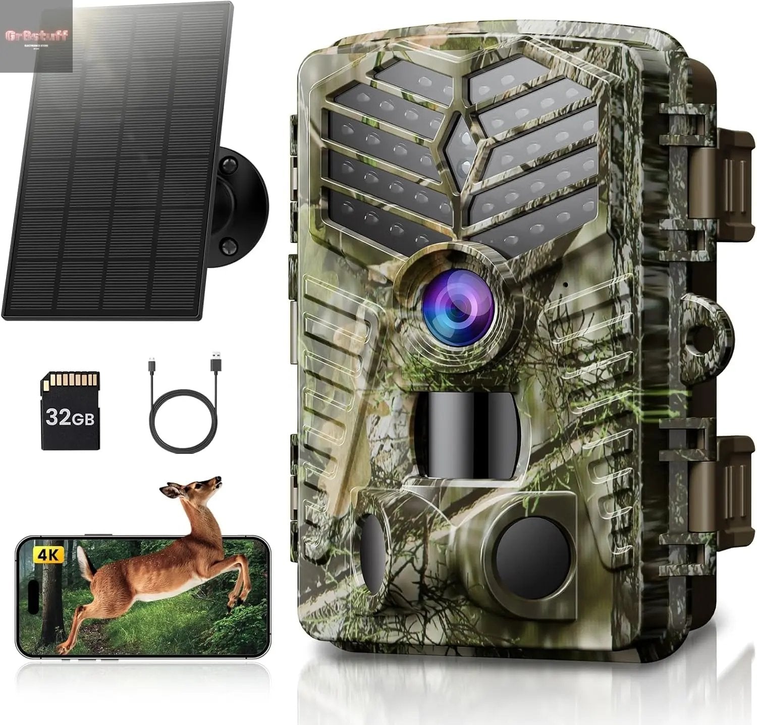 Trail Camera Wifi - Solar Powered 4K 64MP Game Cameras with Night Vision Motion Activated Waterproof with 32GB Micro SD Card, IP66 120° Detection Angle 0.2S Trigger 940Nm No Glow LED Wildlife.