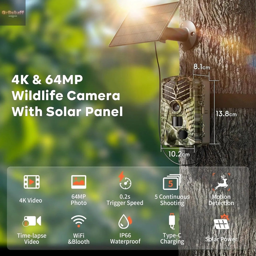 Trail Camera Wifi - Solar Powered 4K 64MP Game Cameras with Night Vision Motion Activated Waterproof with 32GB Micro SD Card, IP66 120° Detection Angle 0.2S Trigger 940Nm No Glow LED Wildlife.