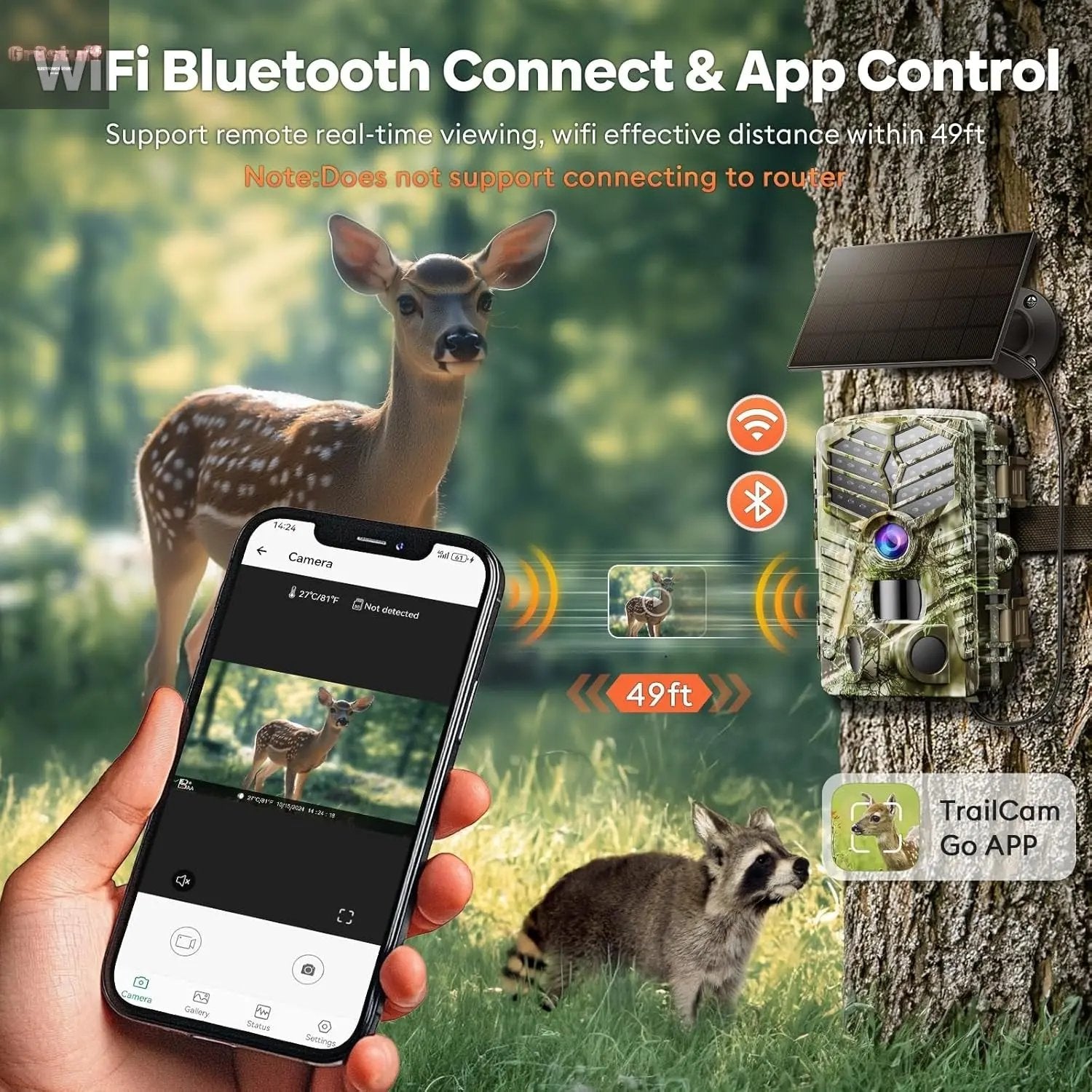 Trail Camera Wifi - Solar Powered 4K 64MP Game Cameras with Night Vision Motion Activated Waterproof with 32GB Micro SD Card, IP66 120° Detection Angle 0.2S Trigger 940Nm No Glow LED Wildlife.