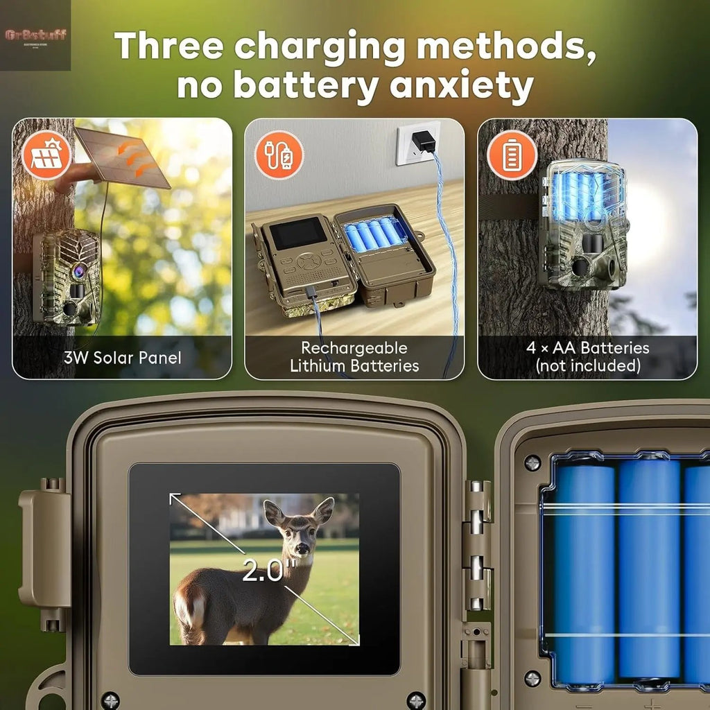 Trail Camera Wifi - Solar Powered 4K 64MP Game Cameras with Night Vision Motion Activated Waterproof with 32GB Micro SD Card, IP66 120° Detection Angle 0.2S Trigger 940Nm No Glow LED Wildlife.