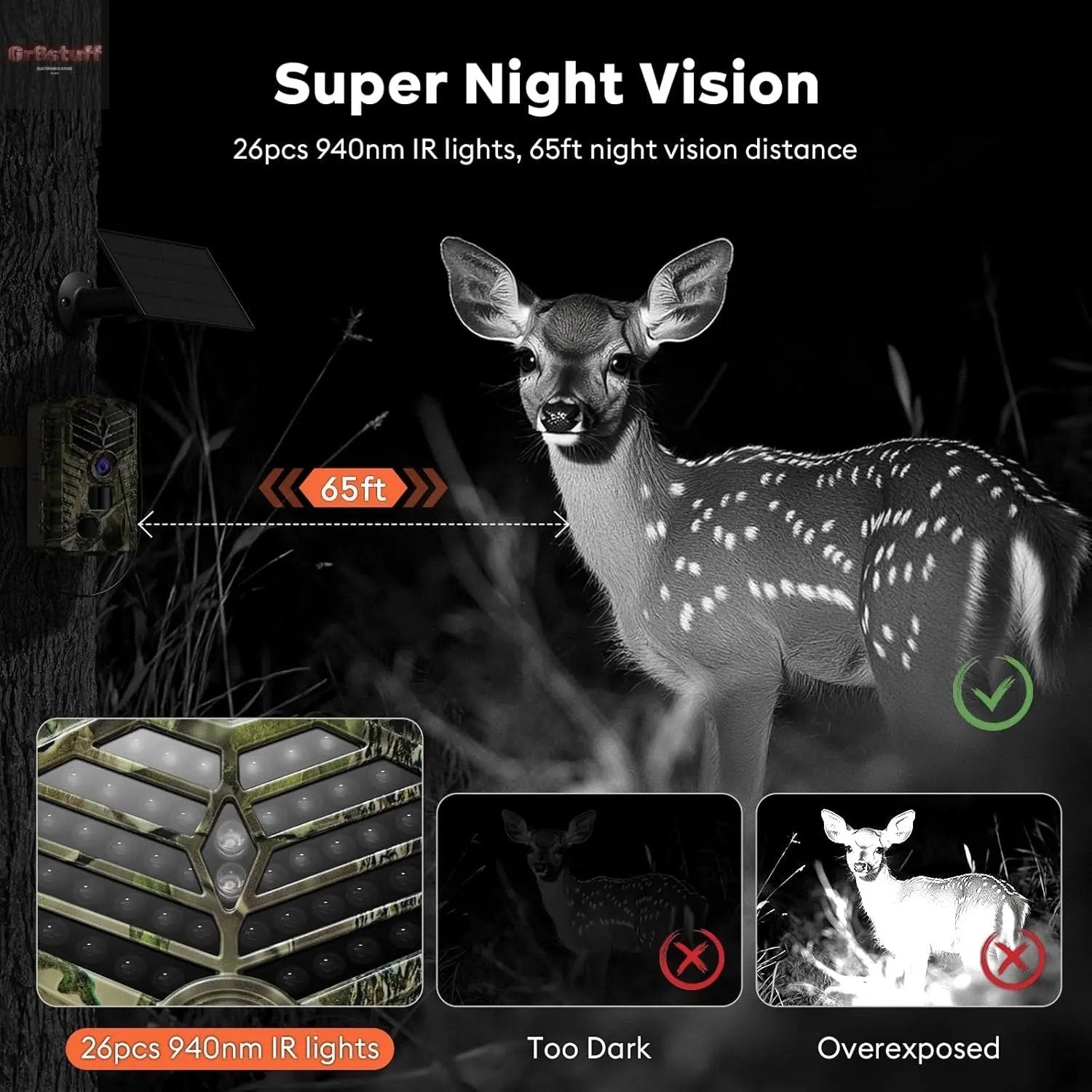 Trail Camera Wifi - Solar Powered 4K 64MP Game Cameras with Night Vision Motion Activated Waterproof with 32GB Micro SD Card, IP66 120° Detection Angle 0.2S Trigger 940Nm No Glow LED Wildlife.