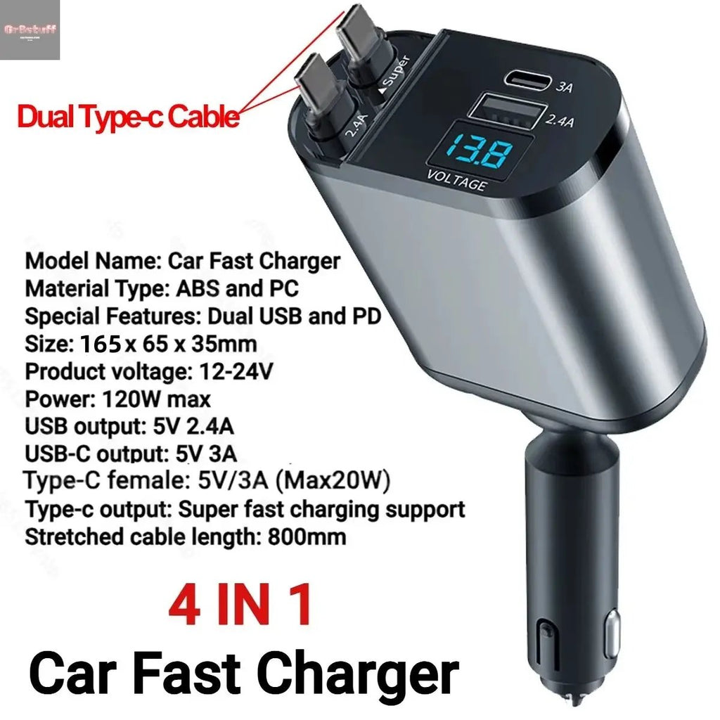 VoltRush™ 4-in-1 Retractable Car Charger – Fast Power, Zero Clutter.