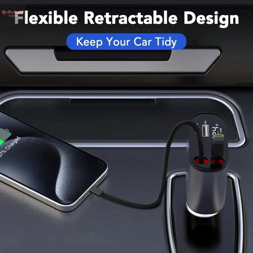 VoltRush™ 4-in-1 Retractable Car Charger – Fast Power, Zero Clutter.